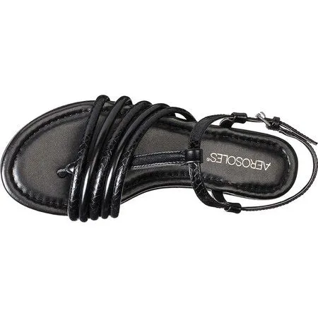 Aerosoles Droplet Flat Sandal Black Leather Open Toe Caged Gladiator Flats