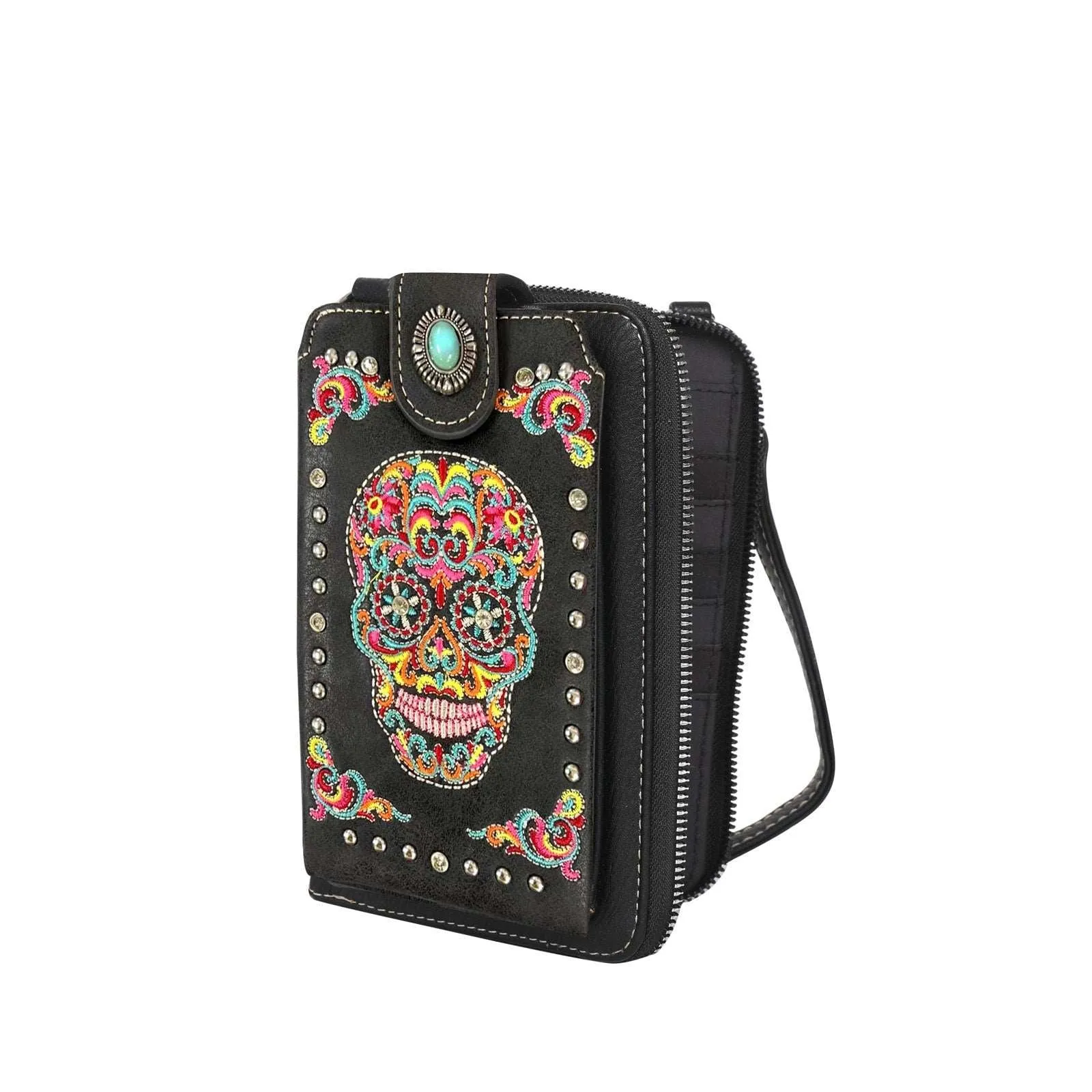 American Bling Embroidered Sugar Skull Crossbody Phone Wallet