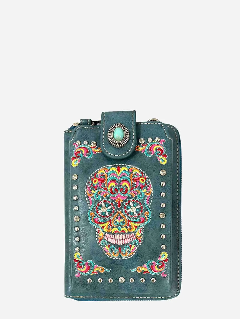 American Bling Embroidered Sugar Skull Crossbody Phone Wallet