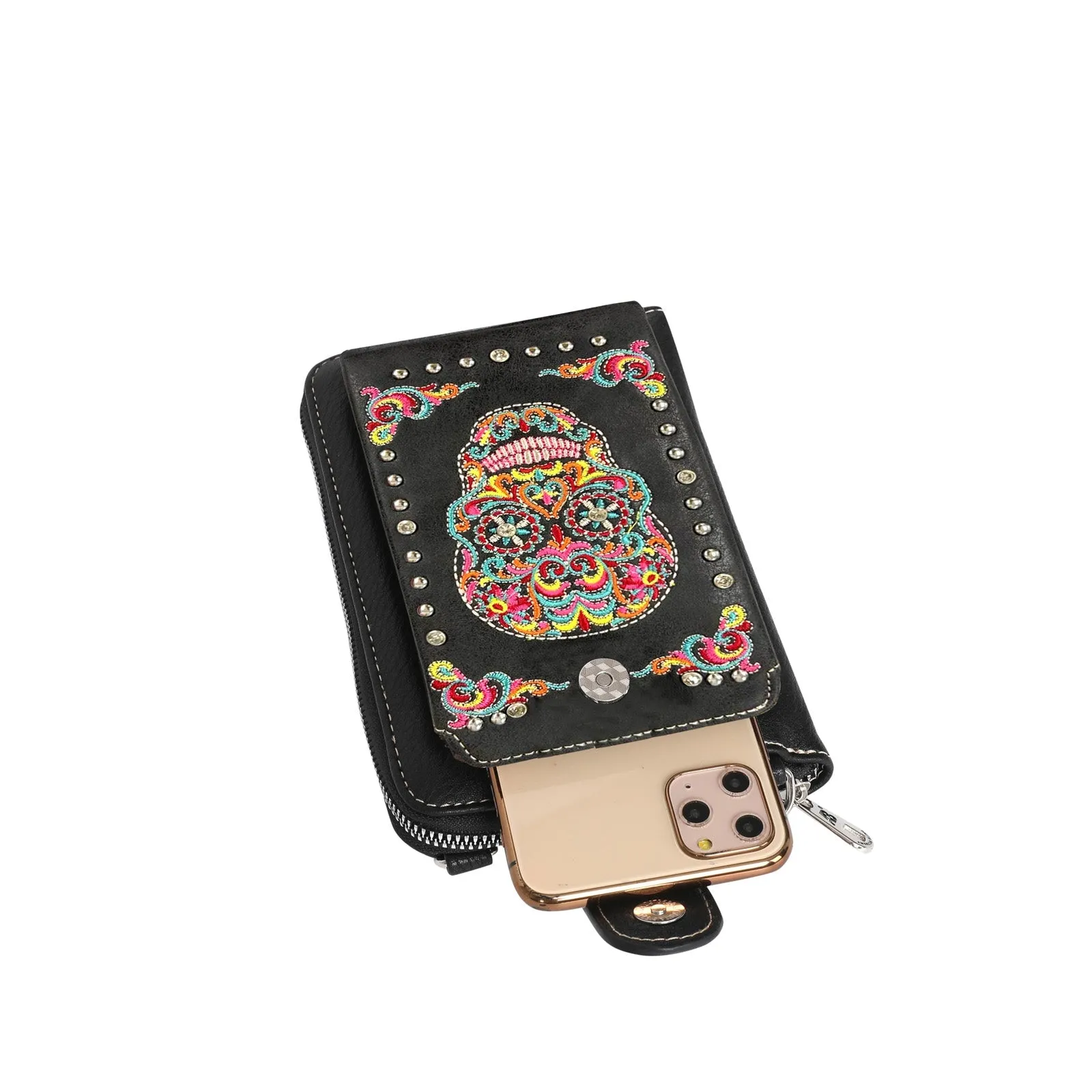 American Bling Embroidered Sugar Skull Crossbody Phone Wallet