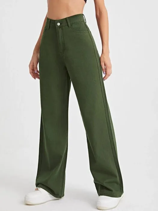 Army Green Wide Leg High Rise Jeans