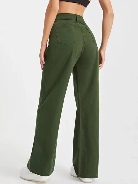 Army Green Wide Leg High Rise Jeans