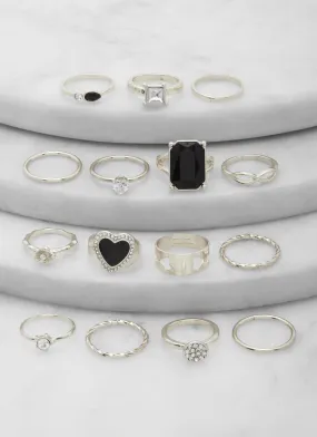 Assorted Metallic Rhinestone Heart Rings Set of 15