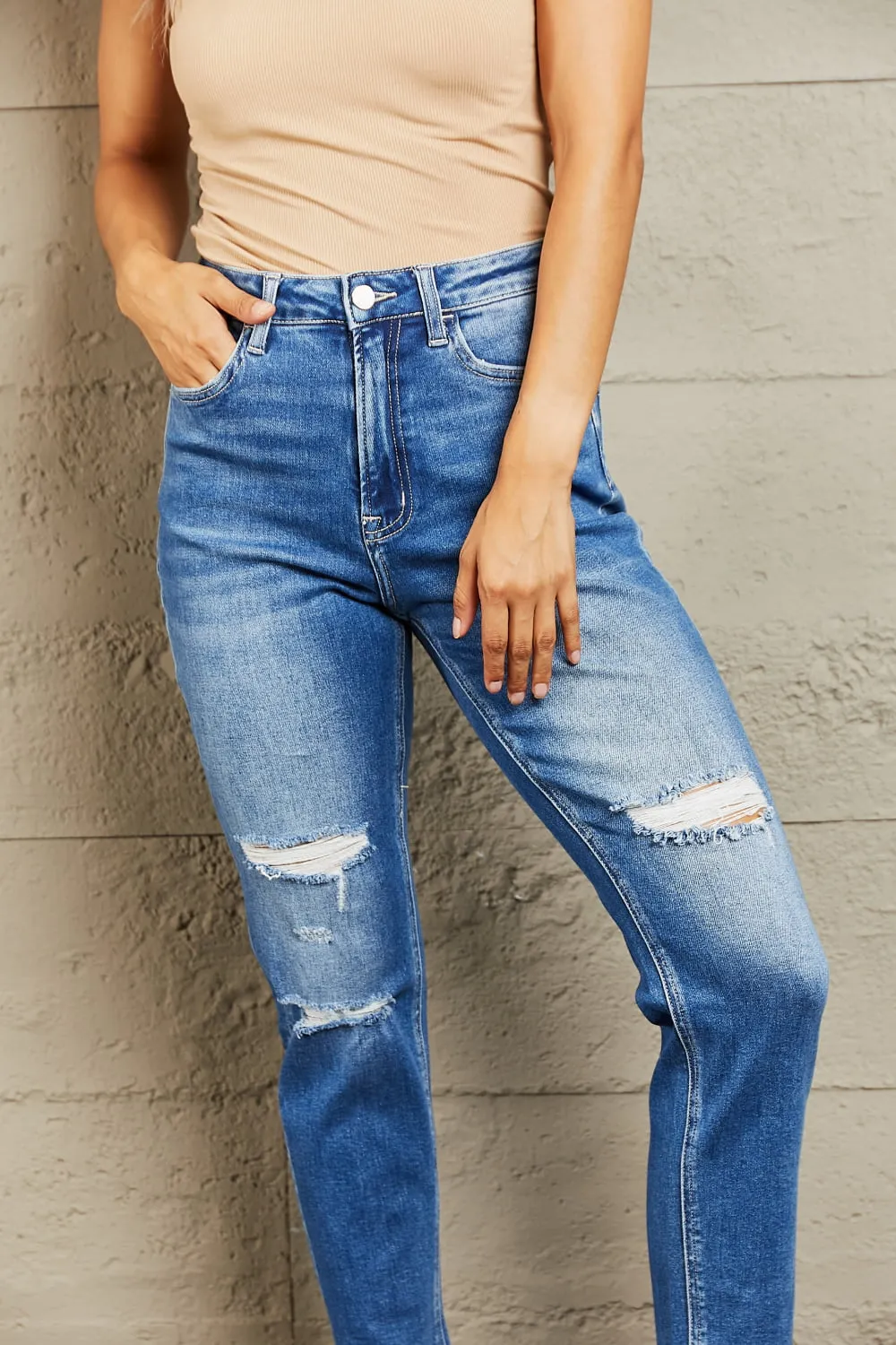 BAYEAS High Waisted Cropped Dad Jeans