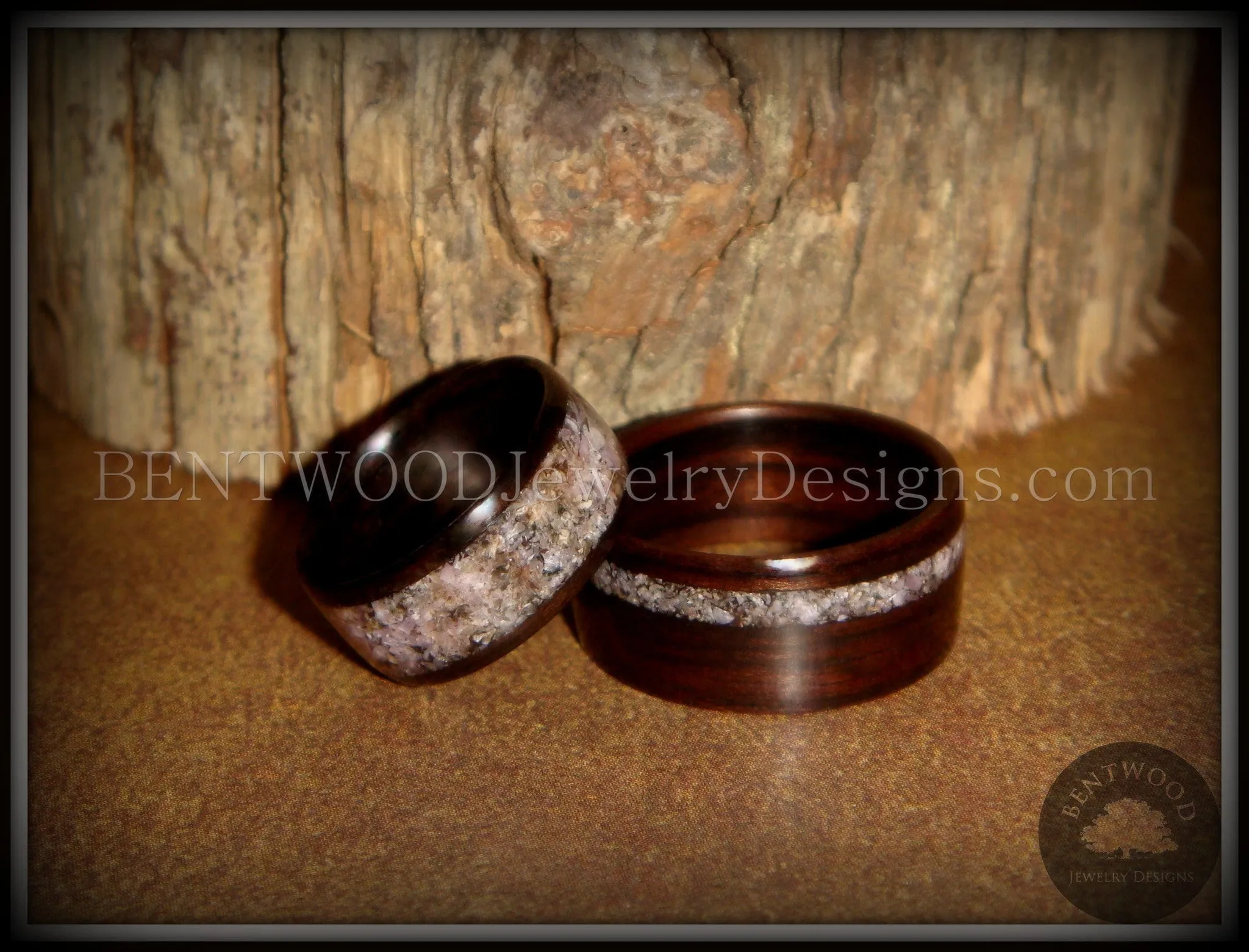 Bentwood Rings Set - Grounded Pair Macassar Ebony Wood Rings with Charoite Inlay