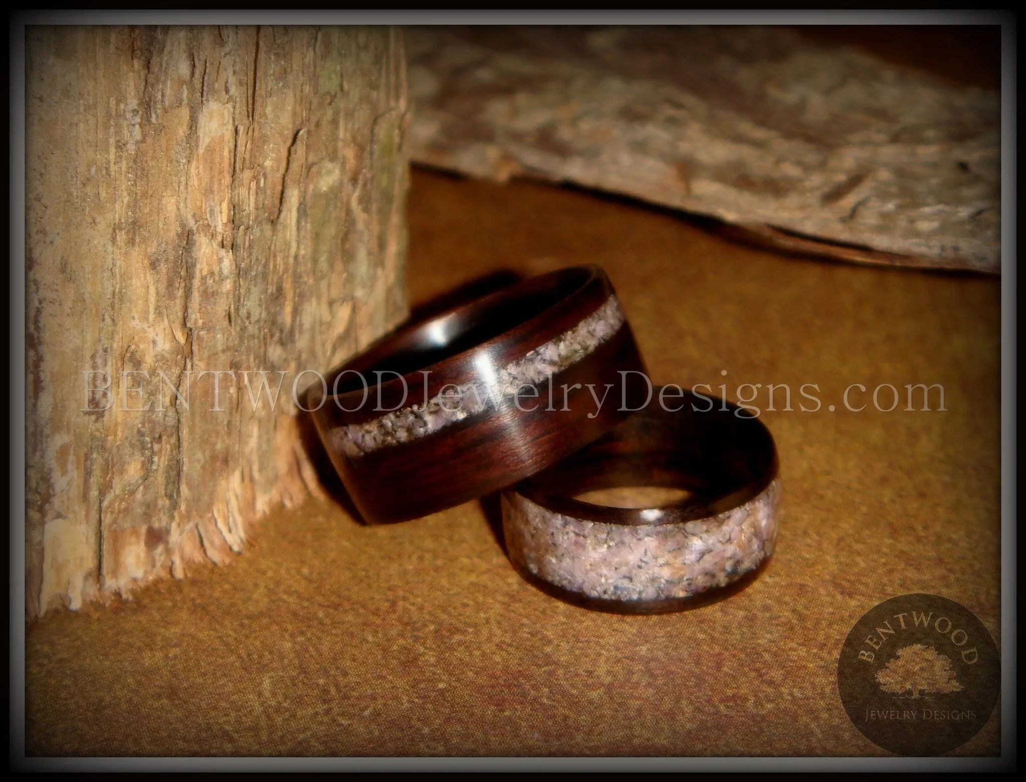 Bentwood Rings Set - Grounded Pair Macassar Ebony Wood Rings with Charoite Inlay