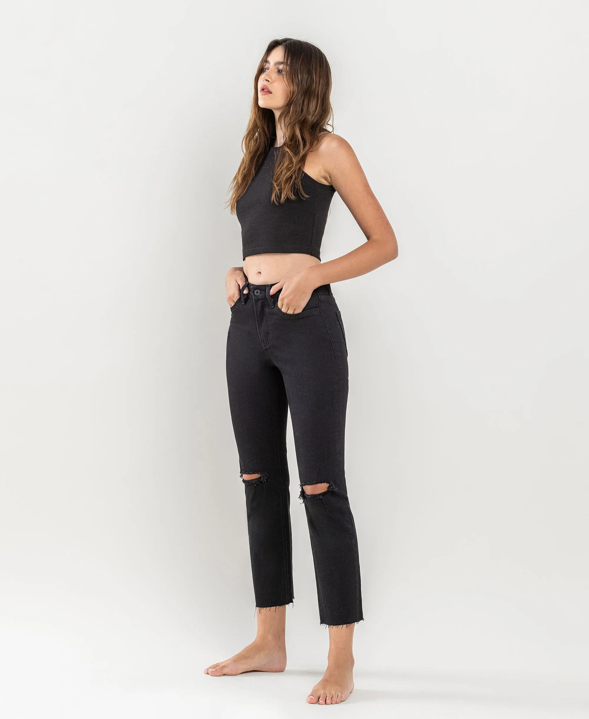 Black - High Rise Raw Hem Straight Jeans