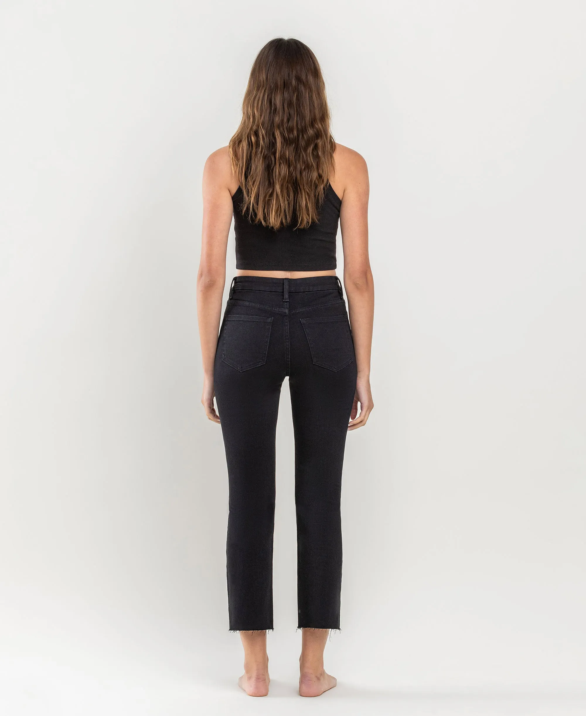 Black - High Rise Raw Hem Straight Jeans