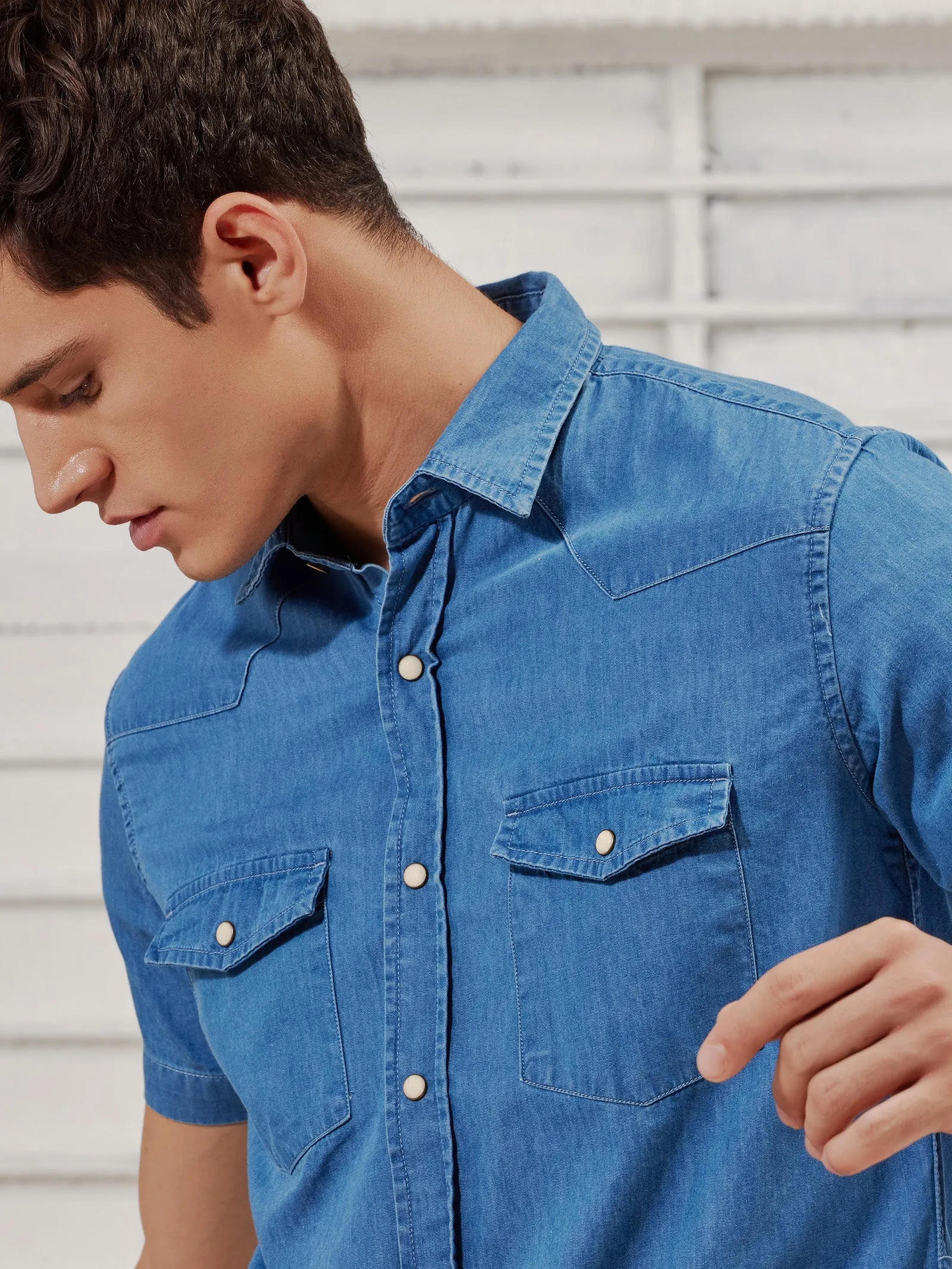 Blue Silky Denim Cargo Shirt