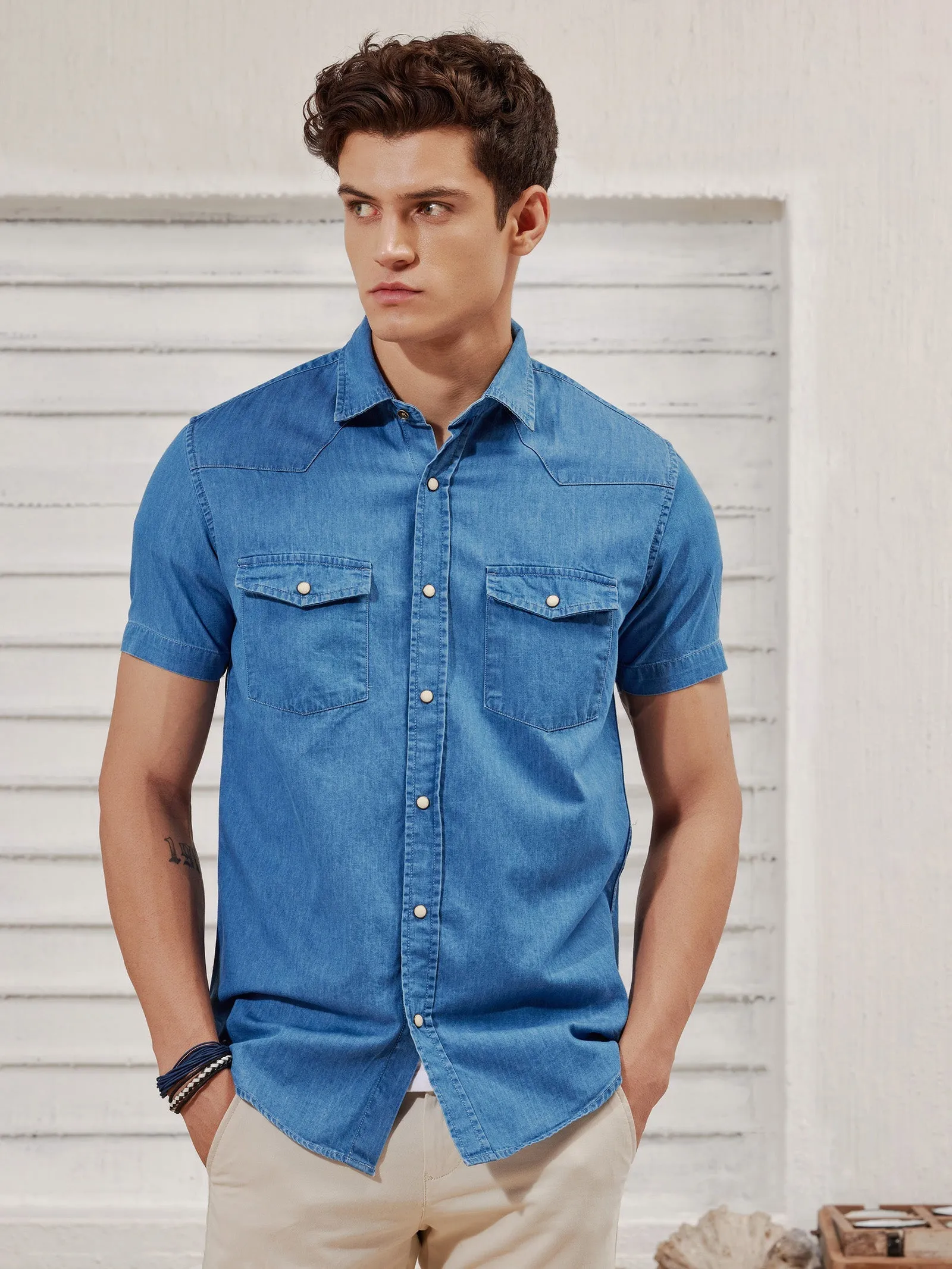 Blue Silky Denim Cargo Shirt