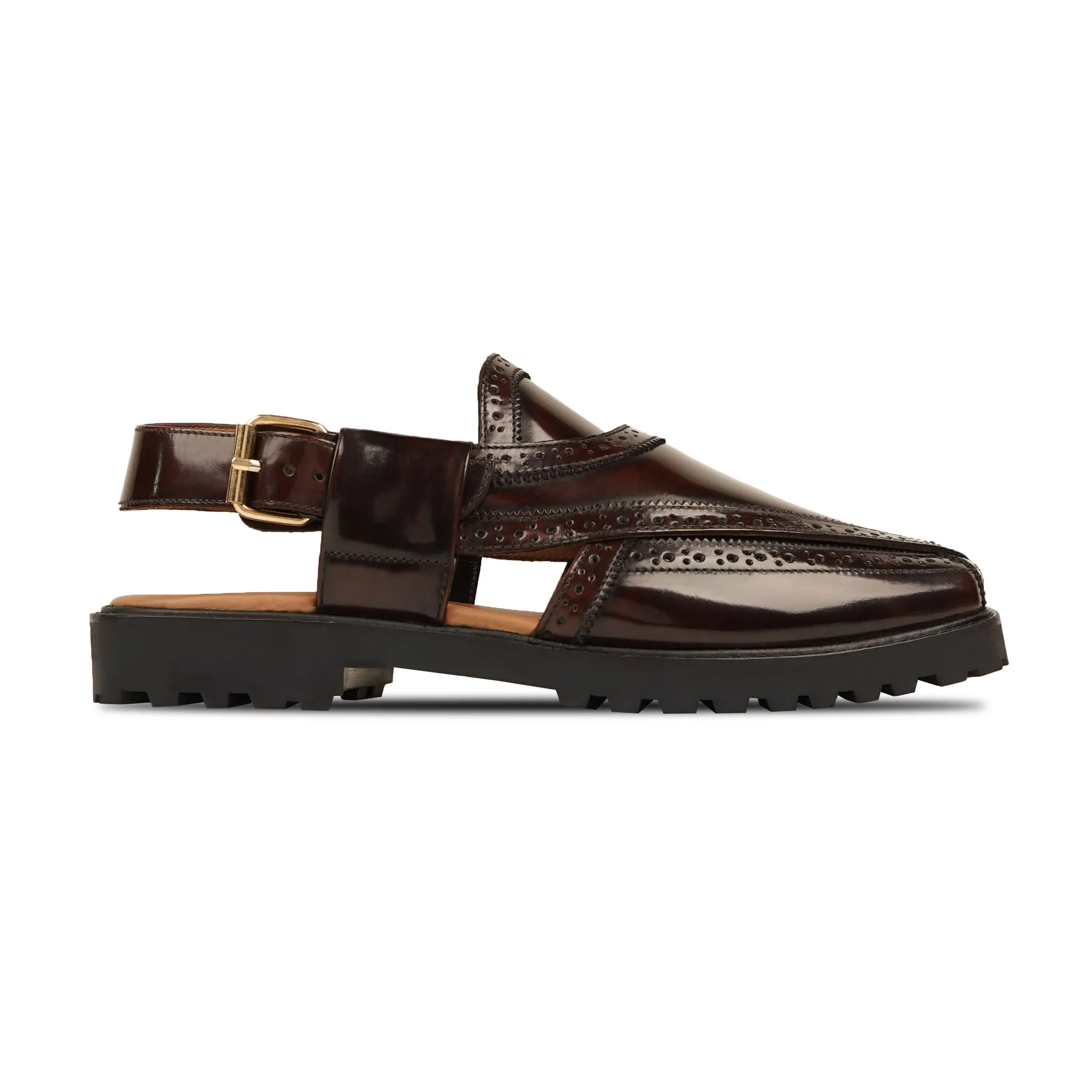 BROOKLYN - DARK BROWN BOX LEATHER HIGH SHINE SANDAL