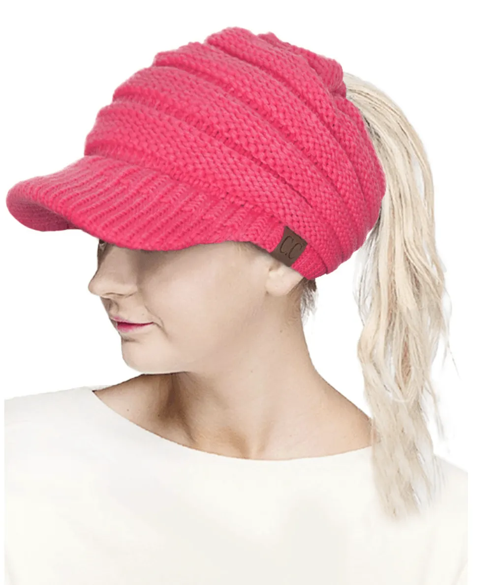 C.C KNIT BRIM MESSY BUN PONYTAIL VISOR BEANIE HAT-MB-131