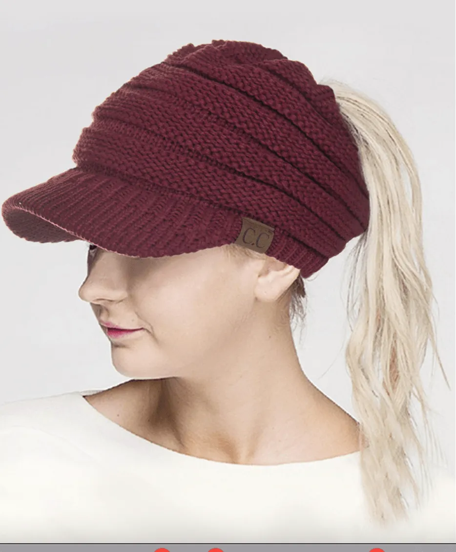 C.C KNIT BRIM MESSY BUN PONYTAIL VISOR BEANIE HAT-MB-131