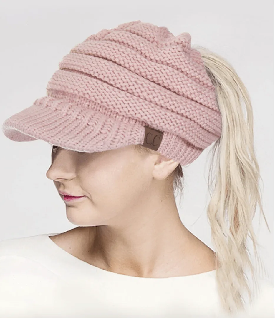 C.C KNIT BRIM MESSY BUN PONYTAIL VISOR BEANIE HAT-MB-131