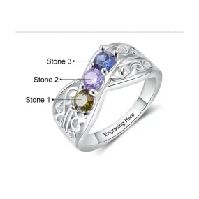 Customized Engraving 3 Birthstones Floral Rings For Women