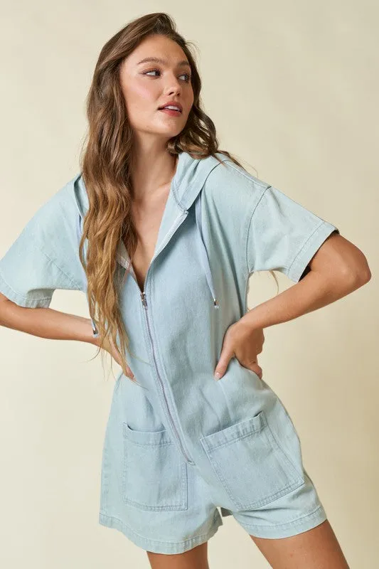 Denim Zip Up Hoodie Romper