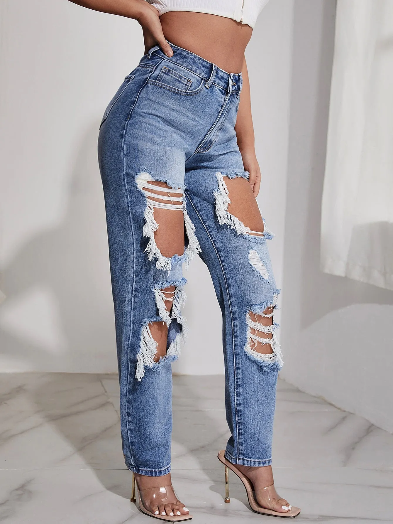 High Waist Light Washed Ripped Straight Jeans