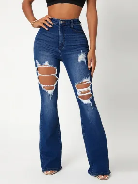 High Waist Ripped Detail Flare Leg Jeans