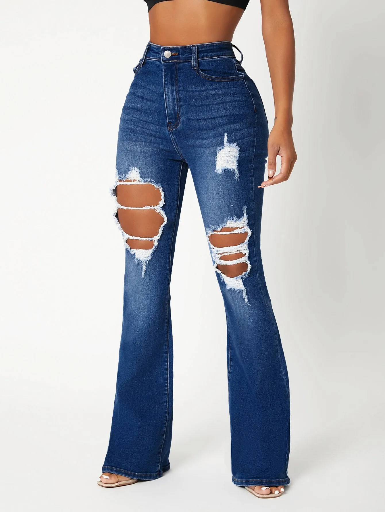 High Waist Ripped Detail Flare Leg Jeans