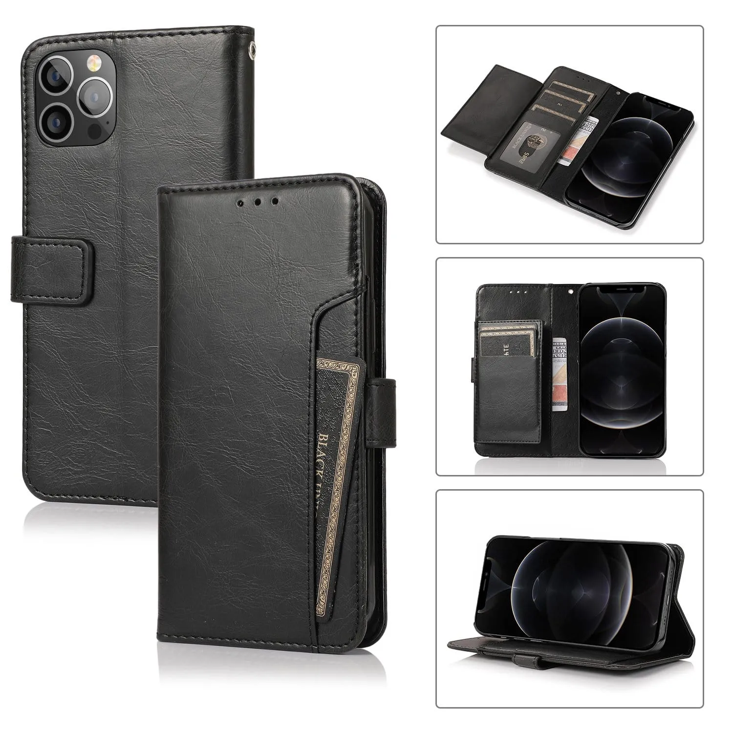 Indy Series Black Leather Wallet Case - iPhone 13 Pro Max