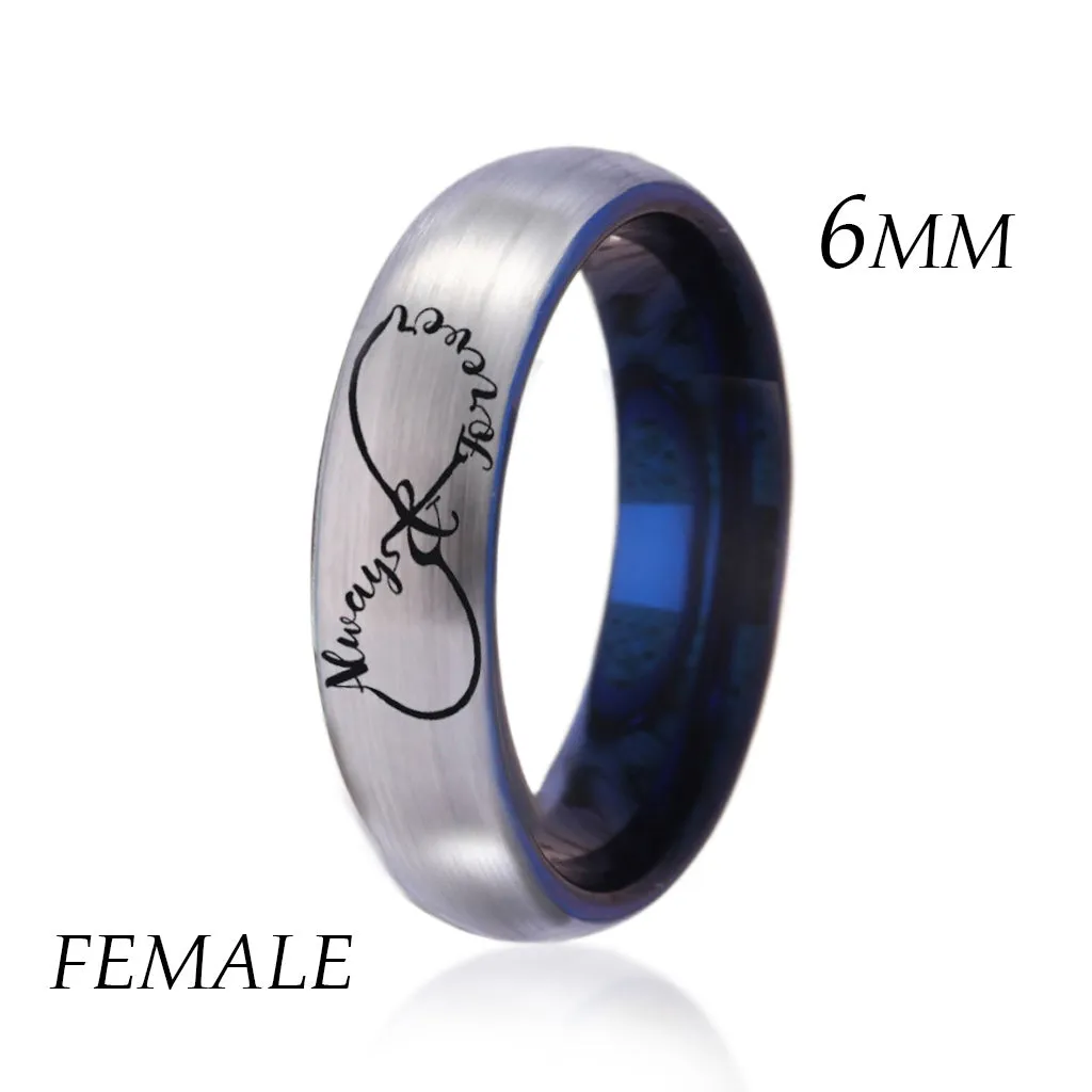 Infinity Heart Silver and Blue Tungsten Wedding Rings