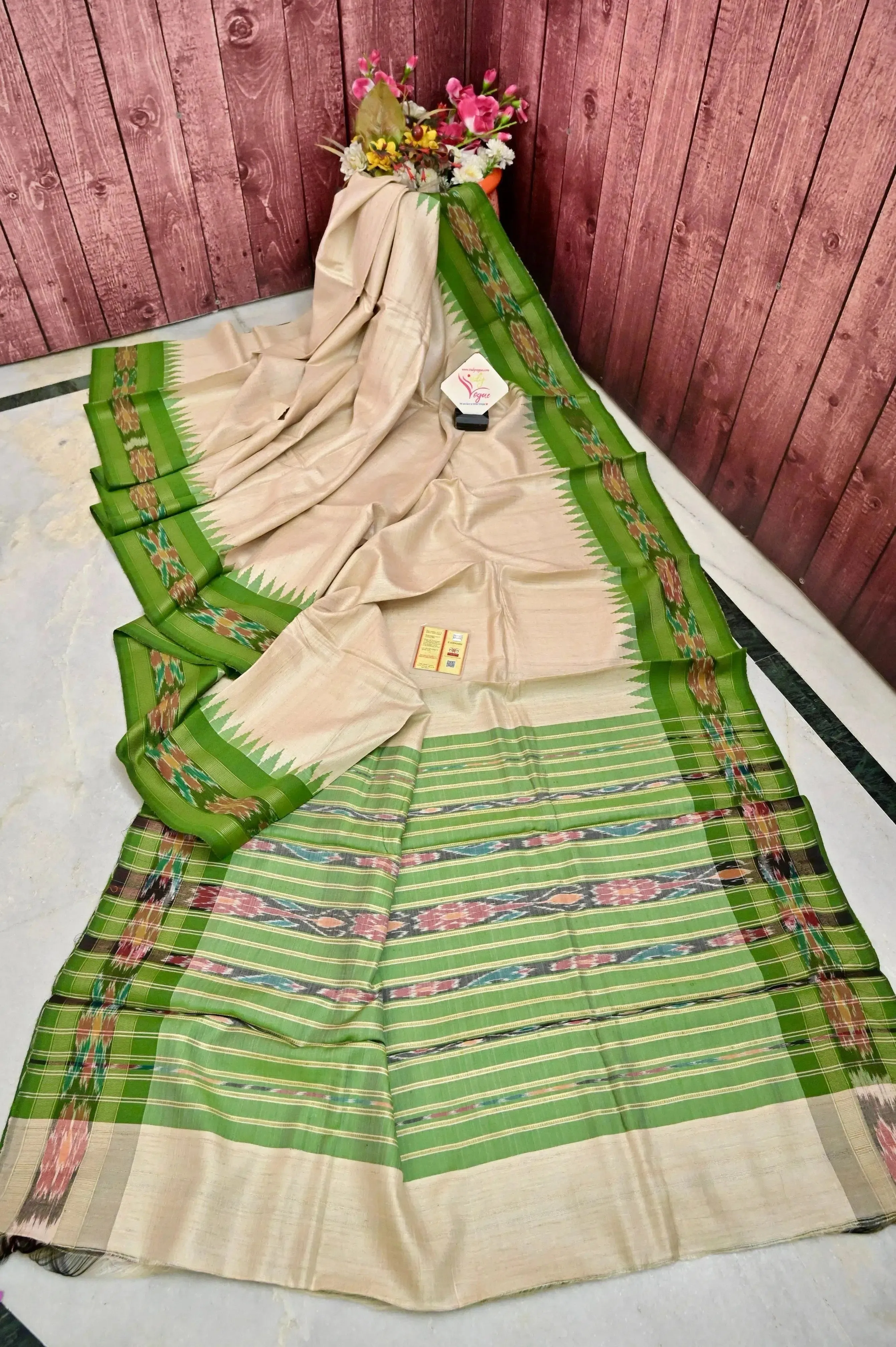 Light Sandal Color Tussar Silk Saree with Sambalpuri Pallu and Sambalpuri Border