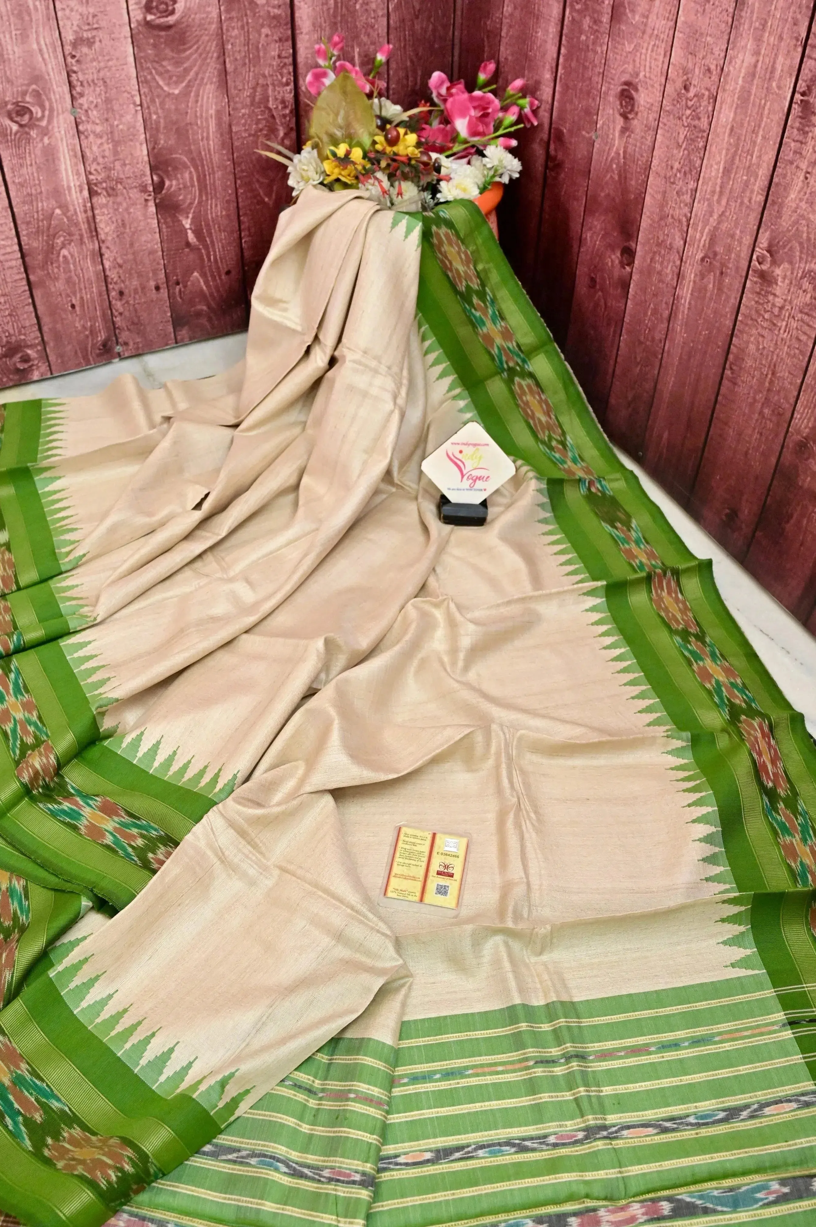 Light Sandal Color Tussar Silk Saree with Sambalpuri Pallu and Sambalpuri Border