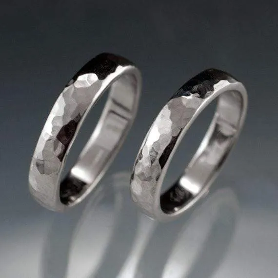 Narrow Hammered Texture Wedding Bands, Set of 2 Rings