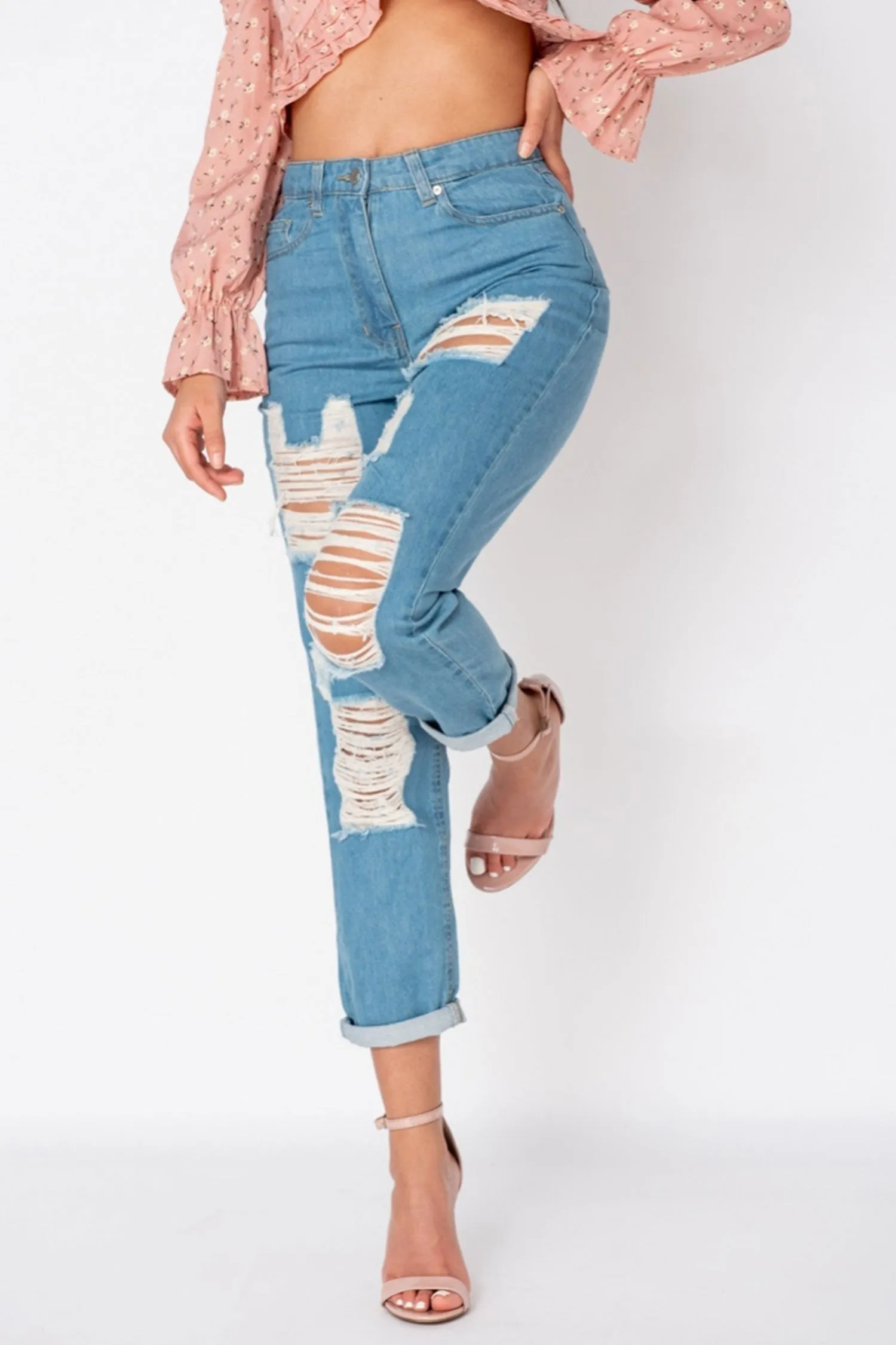 Pantalone jeans boyfriend blu con strappi