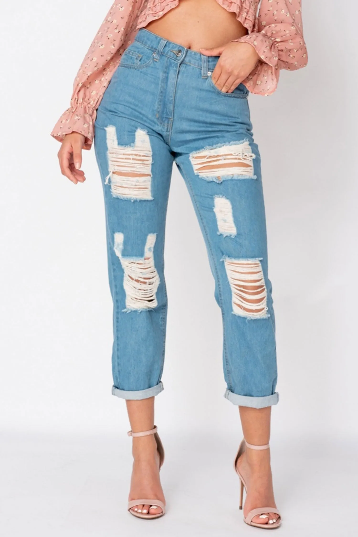 Pantalone jeans boyfriend blu con strappi