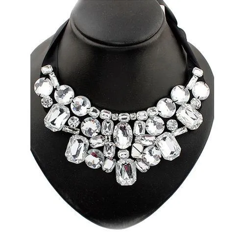 White Crystal Rhinestone Collar Necklace With Silk Tie