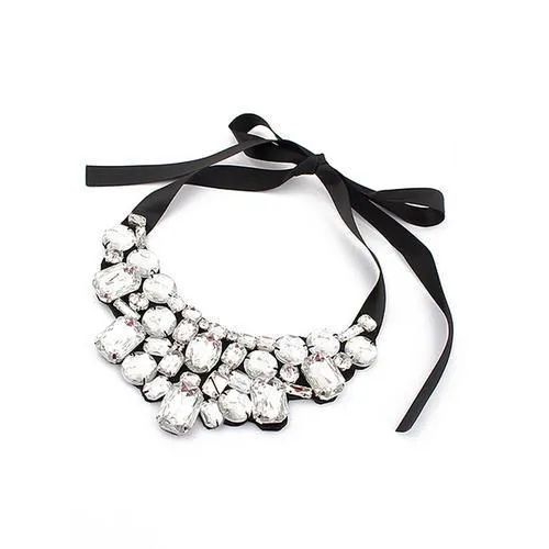 White Crystal Rhinestone Collar Necklace With Silk Tie